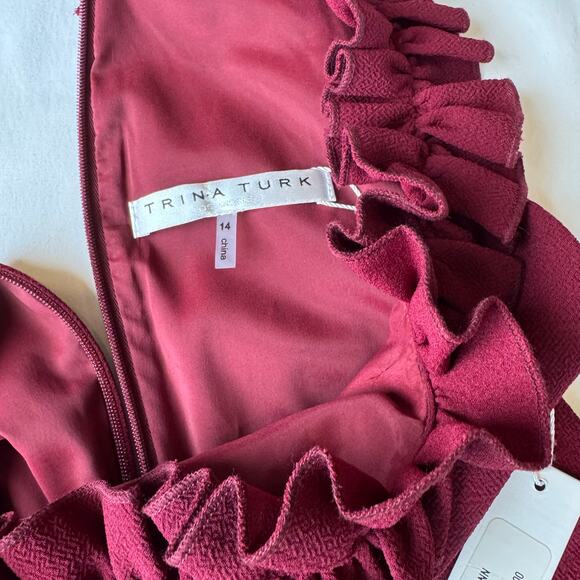 Trina Turk NWT Burgundy Formal Gown Ruffle Neck Maxi Dress Size 14 $368 - Picture 5 of 9